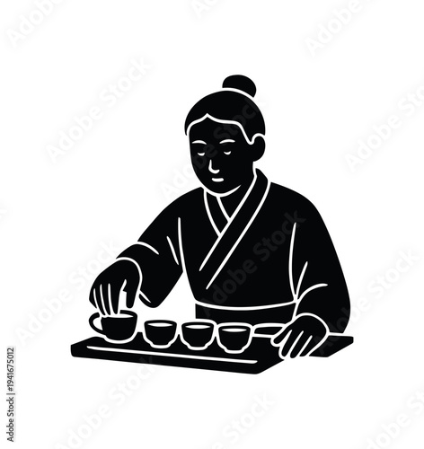 A black silhouette of a person in traditional attire placing small tea cups on a serving tray, evoking a calm, ritual tea ceremony moment for culture or hospitality design.