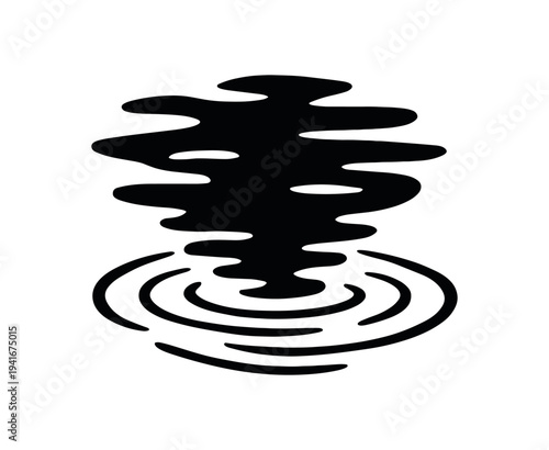 A bold black graphic of irregular water surface shapes and concentric ripples beneath, creating an abstract reflection and ripple effect suitable for backgrounds or decorative accents.