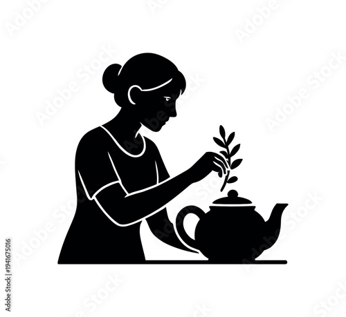 Silhouette icon of a woman placing leaves into a teapot, suggesting home tea making, herbal brewing, or kitchen beverage preparation.