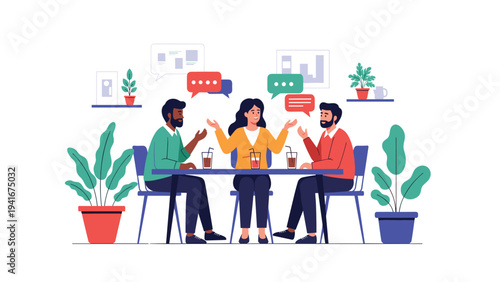 Diverse group of friends or colleagues engaging in a lively discussion at a cafe table, surrounded by speech bubbles, symbolizing communication and social interaction.