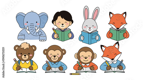 Adorable collection of cartoon animals and children happily reading books and writing, symbolizing education, learning, and childhood development.