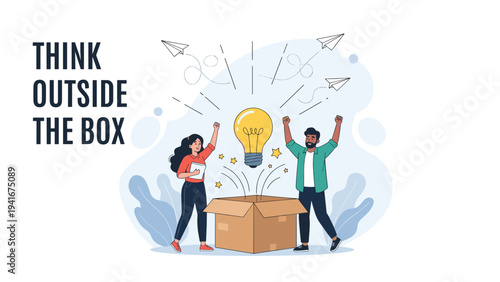 Two people celebrating a new idea emerging from a cardboard box, with the text "THINK OUTSIDE THE BOX," symbolizing creativity and innovation.