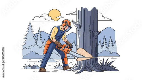 Logger wearing protective gear, actively cutting down a large tree with a chainsaw in a forest, illustrating the timber industry and forestry work.