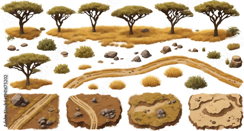 Set of African Savanna Trees, Bushes, Rocks, and Dirt Roads Vector isolated PNG with Transparent Background