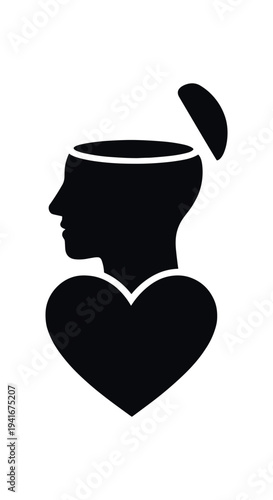 Solid silhouette of a human head with the top lid open positioned above a heart shape, symbolizing open mind, empathy, love, and emotional awareness.
