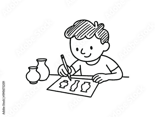 Simple black line drawing of a child sketching vase shapes on paper with two small pots on the table, suitable for craft or art class visuals.