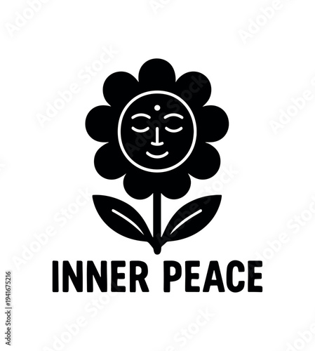 Black and white simple flower whose center is a calm smiling face above the words "inner peace", designed as a clean wellness or mindfulness logo.