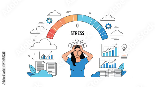 Stressed woman with hands on her head, surrounded by charts and a "0 STRESS" meter, representing mental health, burnout, and the need for stress management.