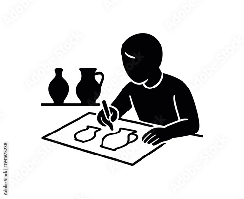 Solid black icon-style image of a person outlining two vase shapes on paper with reference pots on a shelf, suited for craft class or tutorial graphics.