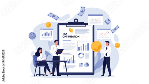 Business professionals working on tax optimization, with a large document, charts, and money symbols, representing financial planning and accounting services.