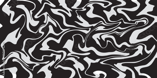 Black and white striped liquid paint effect vector seamless pattern. Wavy psychedelic background of moving liquid. Modern zebra backdrop. Groovy 1970s style.
