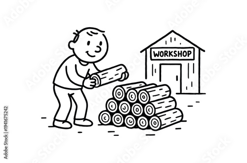 Black-and-white line drawing of a man carrying a log and placing it on a pile near a shed labeled workshop — rustic scene for lumber, woodworking, or outdoor work topics.