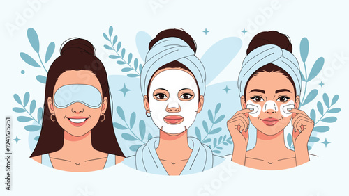 Three women demonstrating various facial skincare routines, including a sleeping mask, sheet mask, and nose strips, representing beauty and self-care.