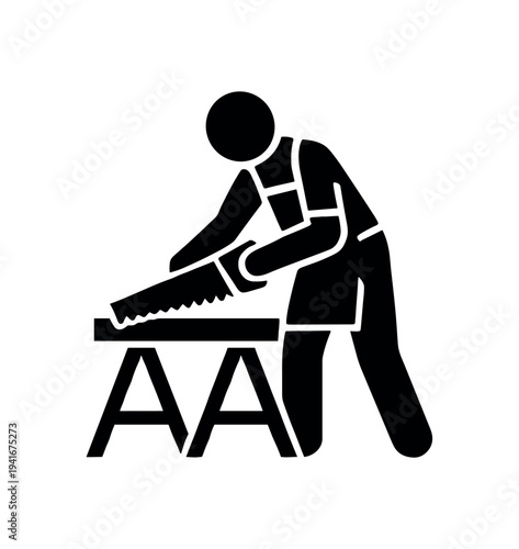 Bold black icon of a person bending over sawhorses and using a hand saw to cut wood, suitable for signage or instructional materials for carpentry and workshops.