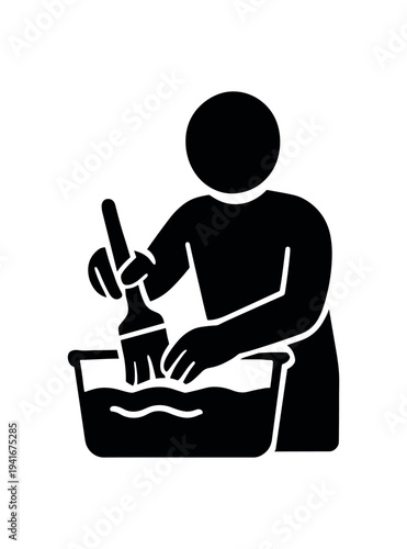 Solid black silhouette icon of a person using a brush and basin, suitable for cleaning, rinsing, or paint prep signage.