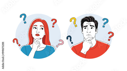 Two individuals, a man and a woman, with question marks surrounding their heads, depicting confusion, dilemma, problem-solving, and uncertainty.