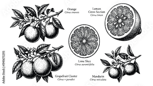 Black and white illustrations of various citrus fruits with botanical names and labels for different types of citrus.