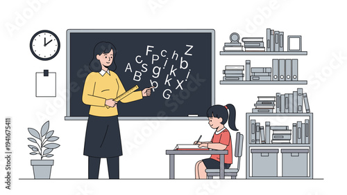 Female teacher instructing a young girl in a classroom setting, with a blackboard full of letters and bookshelves, representing education and learning.