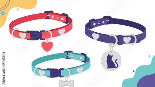 Collection of colorful pet collars with heart and bone charms, representing pet care, accessories, and love for animals.