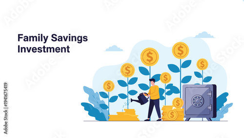 Man watering coin plants next to a safe, with the text "Family Savings Investment," symbolizing financial growth, wealth management, and secure future.