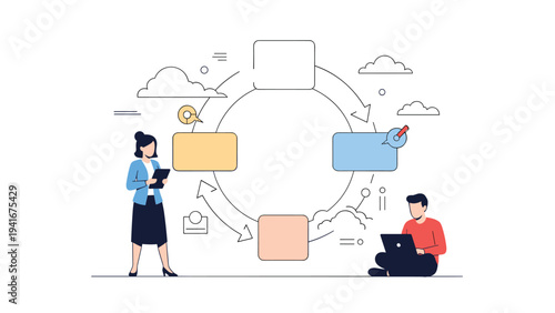 Two business professionals interacting around a cyclical process diagram with empty boxes, symbolizing workflow, project management, and iterative development.