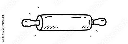 Black line doodle of a classic rolling pin with handles on a white background, ideal for baking, recipe cards, or kitchen graphics.
