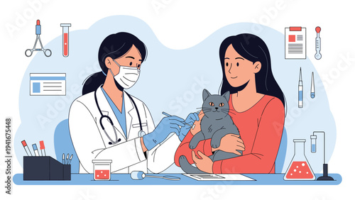 Female veterinarian vaccinating a cat held by its owner, surrounded by medical tools and test tubes, representing pet health and veterinary care.