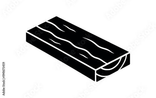 Simple black isometric block of wood showing surface grain and end grain detail, suitable for diagrams, labels, and icons.