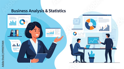 Business analysis and statistics concept featuring a smiling woman and two men analyzing data, charts, and graphs on screens, highlighting financial expertise.