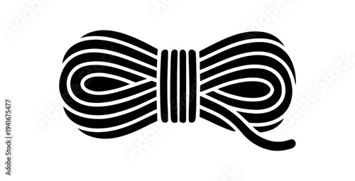 Simple black silhouette of a neatly coiled rope tied in the center, isolated on white for use in logos, labels, or outdoor gear graphics.