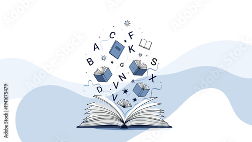 Open book with letters and smaller books flying out, symbolizing education, knowledge, literacy, imagination, and the power of reading.