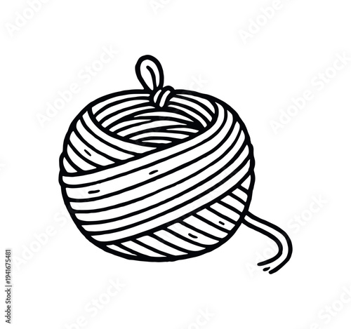 Monochrome line drawing of a wound ball of yarn with a short tail, drawn as a simple icon for knitting, crochet, or craft project illustrations.