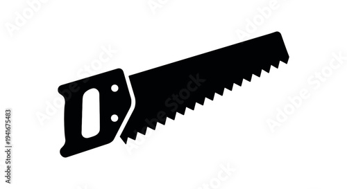 Black silhouette of a traditional hand saw showing a pistol-grip handle and jagged teeth on the blade, suitable for woodworking, construction, diy, or toolset graphics.