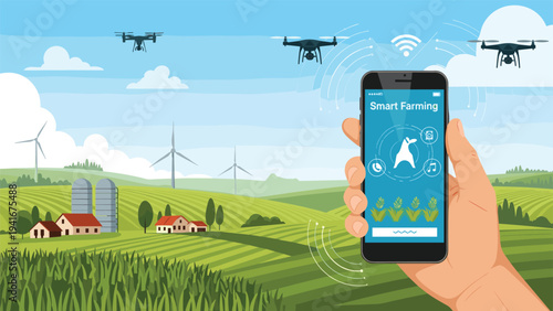 Smart farming concept showing drones flying over a green field with wind turbines, and a hand holding a smartphone controlling farm operations.