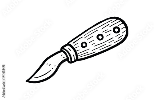 Hand-drawn style black knife icon showing a curved blade and a wood-grain handle with rivets, ideal for craft, carving, or workshop use.