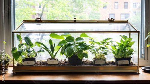 Glass terrarium with plants on windowsill