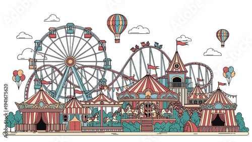 Lively amusement park scene with a Ferris wheel, roller coaster, carousels, and tents, depicting fun, entertainment, and a festive atmosphere.