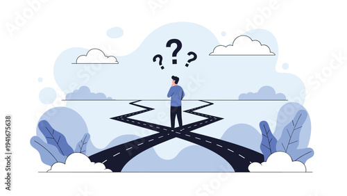 Man standing at a crossroads with question marks above his head, symbolizing decision-making, uncertainty, future choices, and problem-solving.