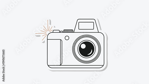 Minimalist line art illustration of a camera with a flash, designed as a sticker, representing photography, memories, and visual media.