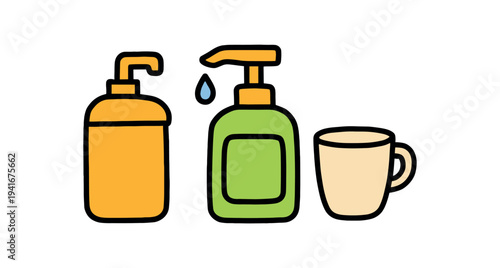 Trio of colorful icons showing two pump bottles (soap and lotion) and a neutral mug, ideal for hygiene, cleaning, or household designs.