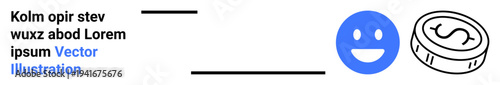 Finance, saving money, digital transactions, income, economy, online payments. A blue happy face next to a dollar coin icon. Finance and saving money concept visually