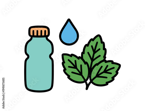 Flat colorful icons of a mint branch, a droplet and a small bottle suggesting mint liquid, freshness or essential oil.