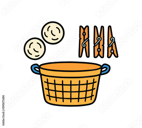 Bright vector icons of a woven laundry basket, three clothespins and two dryer balls for laundry, chores, or household design