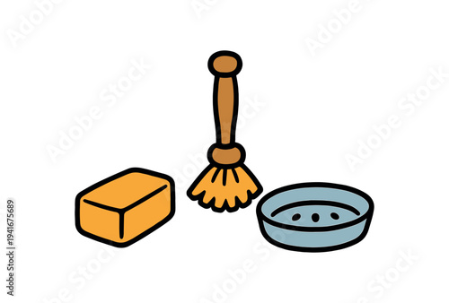 Simple colorful icons of a soap bar, small scrub brush, and round soap dish arranged for cleaning or hygiene icon use