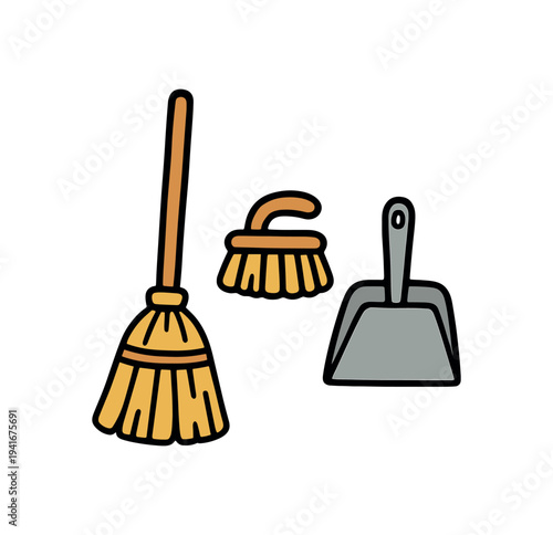 Colorful icons showing a long broom, a small handheld brush and a metal dustpan for cleaning tasks and household chores