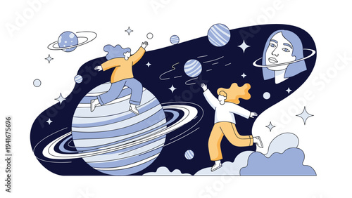 Two women exploring a fantastical space scene with planets and stars, symbolizing imagination, adventure, outer space, and dreams.