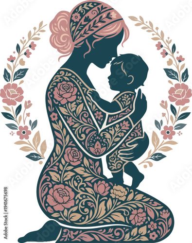 Mother Holding Baby Floral Illustration Silhouette.