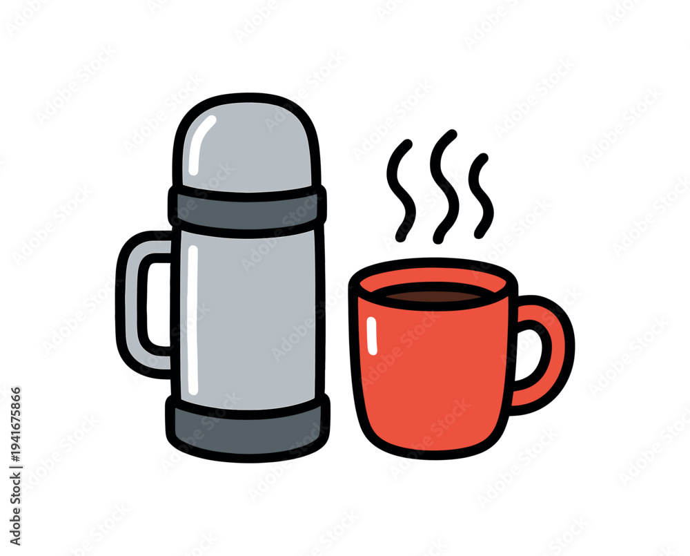 Obraz premium Simple colorful icon of a travel thermos beside a steaming red mug, good for coffee, tea, travel drink, or break-time illustrations.