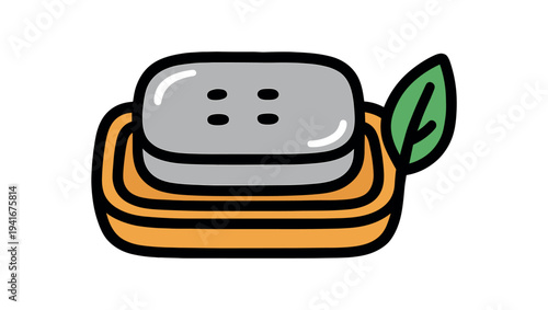 Simple colorful icon of a gray bar of soap resting on an orange tray with a small green leaf accent, suitable for bathroom, spa, or personal care design.