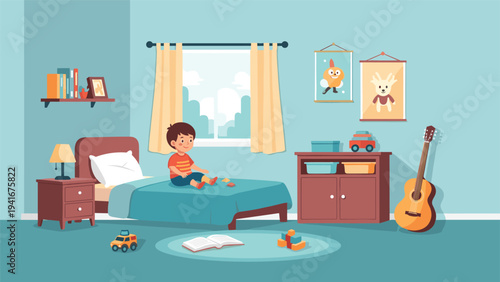 Young boy happily plays with colorful building blocks on his bed, enjoying a sunny day in his vibrant and well-decorated children's bedroom.
